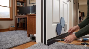 A person soundproofing a door.