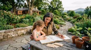 A woman and her daughter doing heritage garden planning.