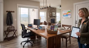 A woman showing hybrid rentals in E TN.