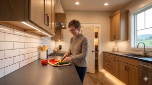 A woman with kitchen lighting for low vision.