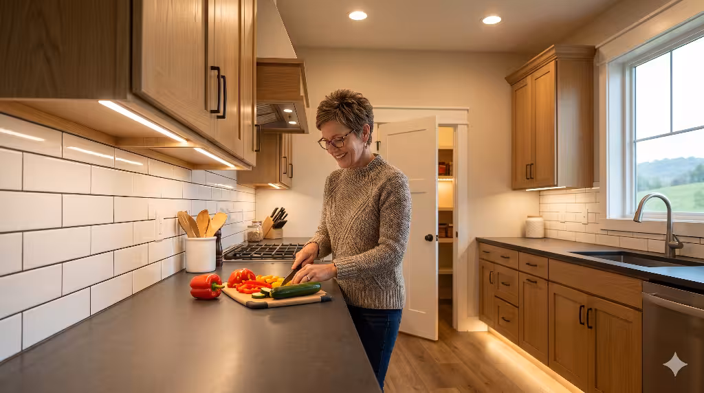 A woman with kitchen lighting for low vision.