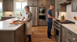 A man and woman working with a kitchen traffic aisle.