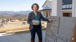 A woman showing east tennessee limestone.