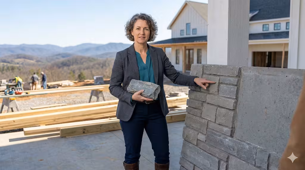 A woman showing east tennessee limestone.