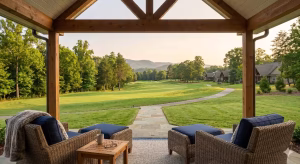 A patio to sit on when living on a golf course.