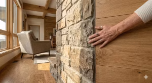 Somebody pointing out natural materials vs. synthetic in a home.