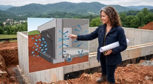 A woman pointing out the impact of waterproofing on a house.