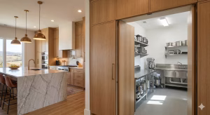 A show kitchen vs. prep kitchen.