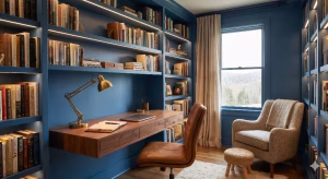 The interior of a small library and writing room.