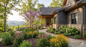 The front of a custom home with Tennessee native plants.