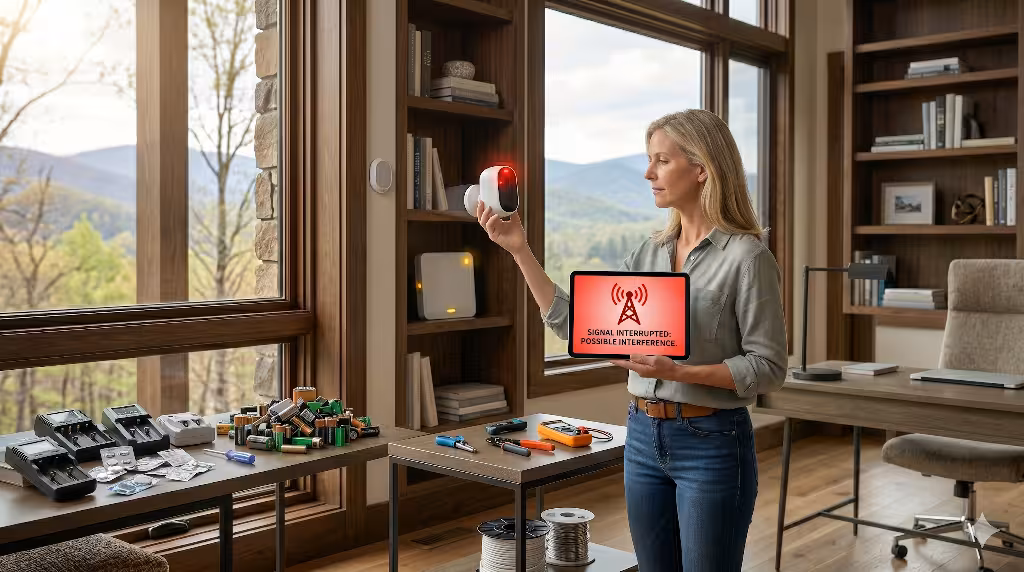 A woman looking at a wireless security system.