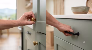 A person pulling on cabinet hardware.