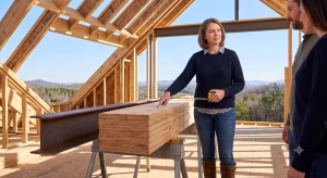 A builder showing engineered wood beams.