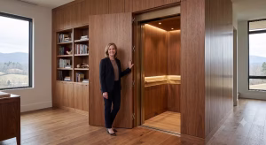 A woman showing an invisible home elevator.