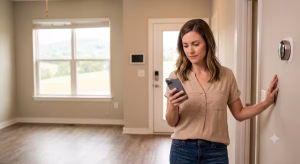 A woman looking at tour technology in a house.