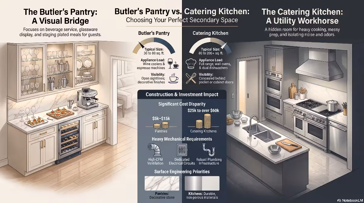 A comparison of a butler's pantry vs. a catering kitchen.