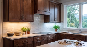 Black walnut cabinetry in a kitchen.