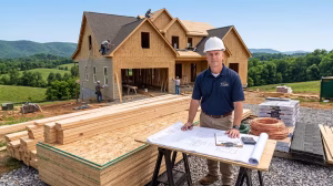 A contractor in front of a house with a construction loan contingency fund.