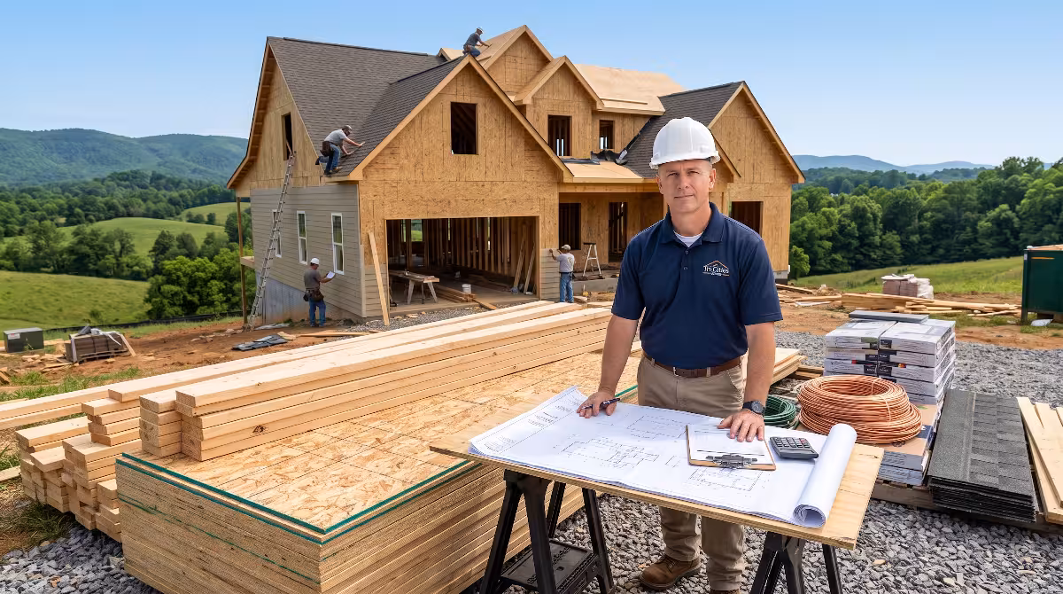 A contractor in front of a house with a construction loan contingency fund.