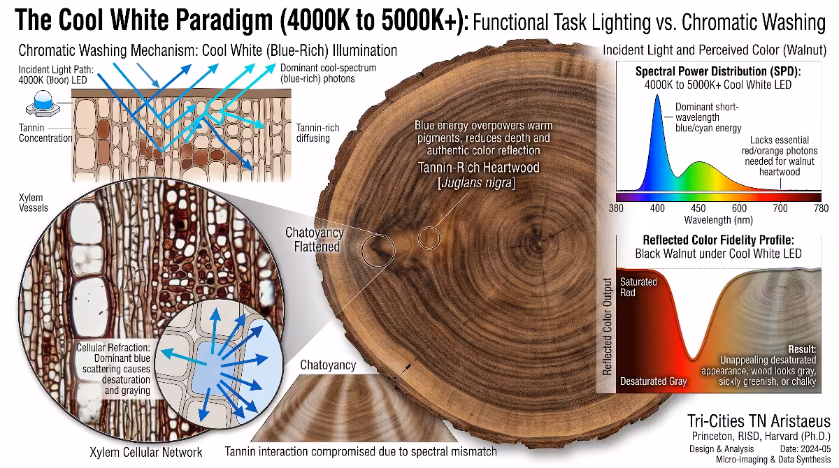Cool white light and black walnut.
