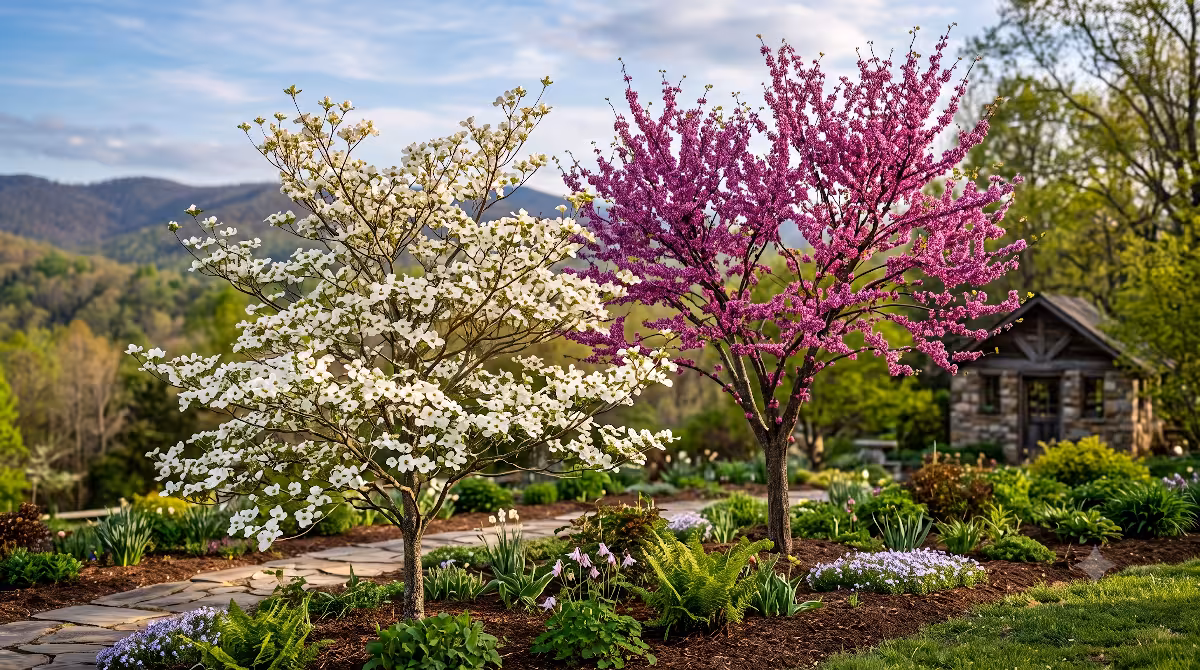 Two flowering trees in a garden.