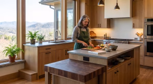 A woman working in one of the kitchen work triangles.