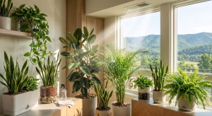 A collectyion of indoor air purifying plants by a window.