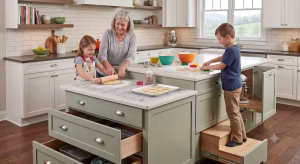 A family working at one of the island designs for baking.