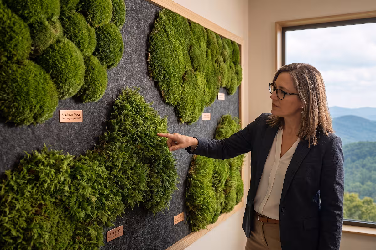 A woman pointing out native bryophytes.