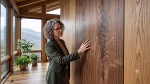 A woman pointing out natural wood grain on a wall.