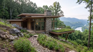 A house with organic architecture on a slope.