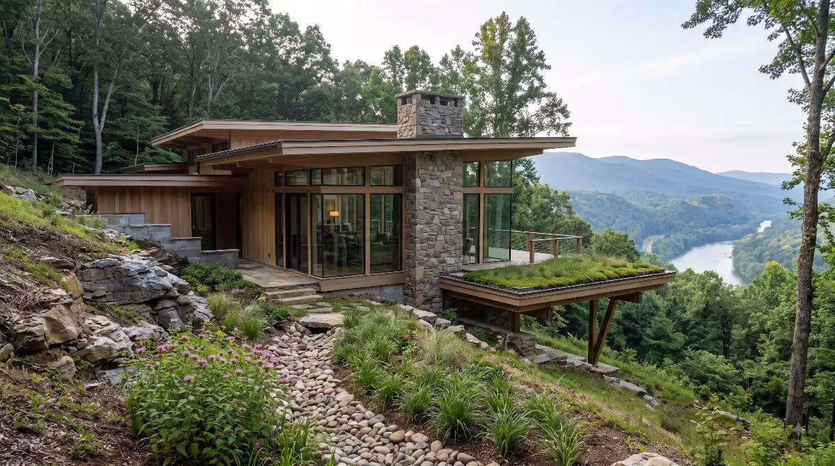 A house with organic architecture on a slope.