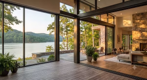 A sliding glass wall at a lakefront.