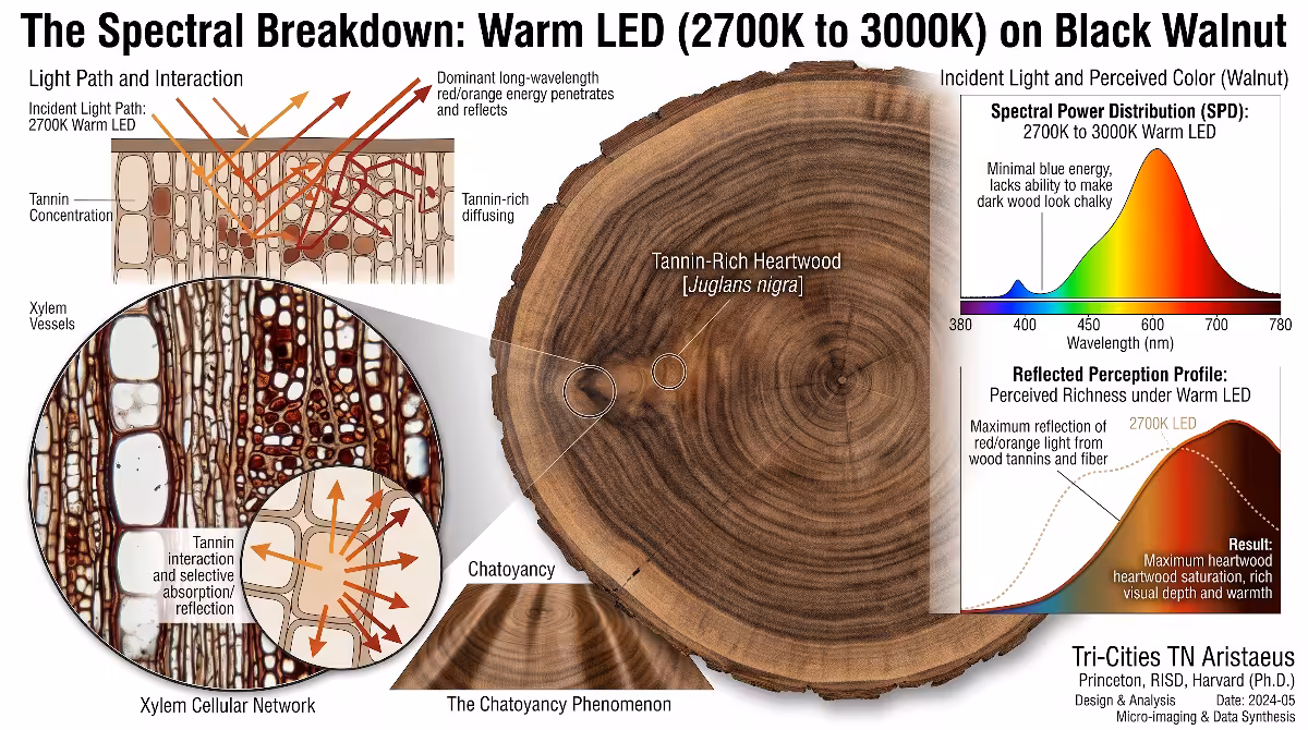 Warm LED and black walnut.