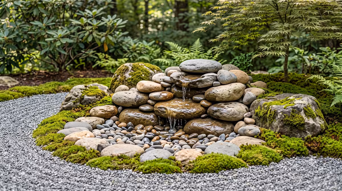 Zen garden water features near a custom home.