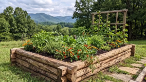 Hugelkultur Raised Beds in front of a house.