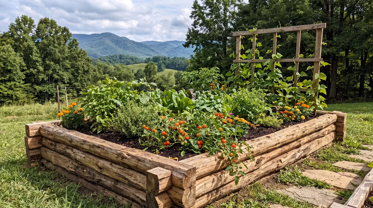 Hugelkultur Raised Beds in front of a house.