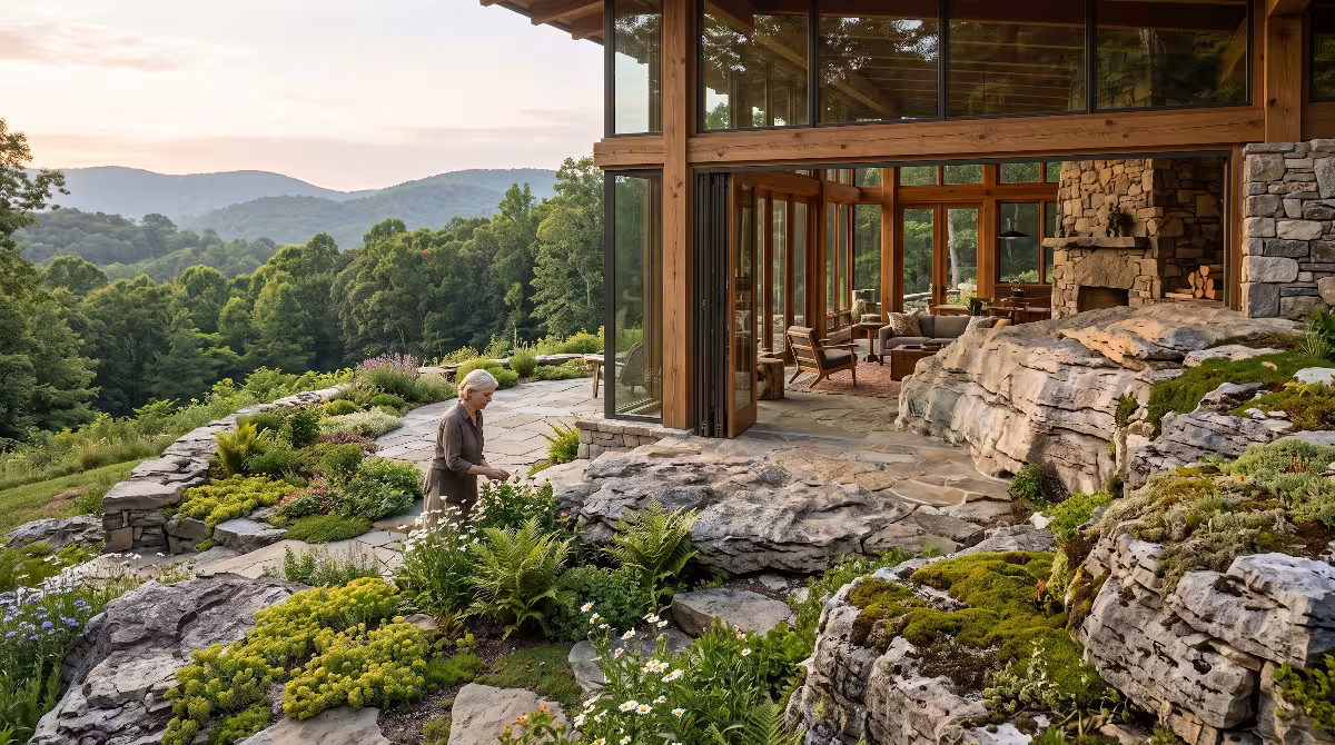 A woman in front of a house built on natural rock outcrops.