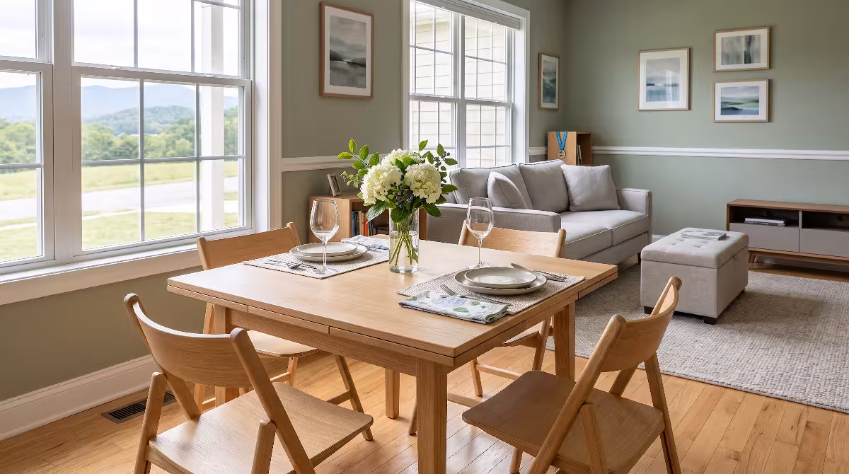 A dining table in a house.