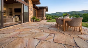 A crab orchard flagstone patio outside a house.