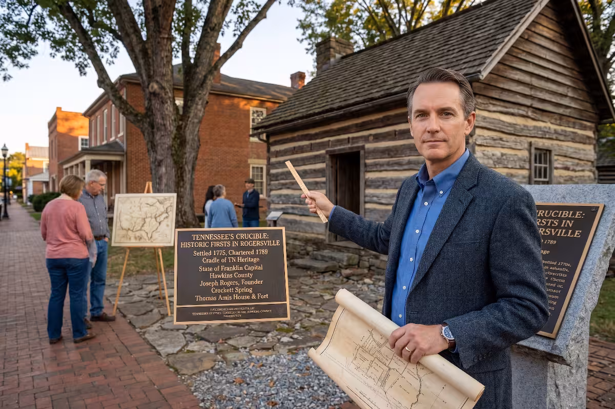 A man pointing out the early firsts of Rogersville, TN.