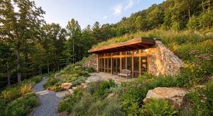 The front of an earth sheltered hillside home.