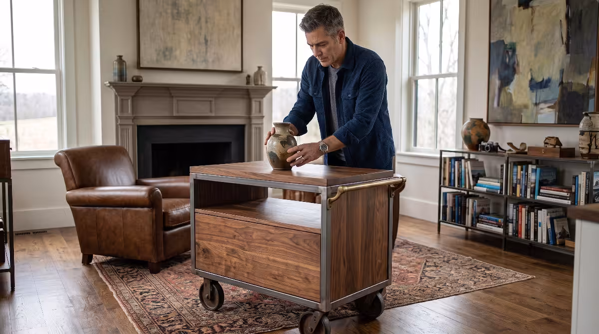 A man working with freestanding furniture.