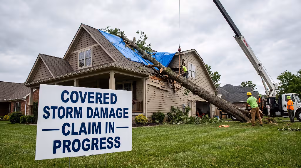 A house with tarp and tree on it.