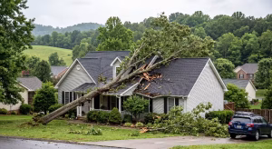 A tree falling on a house.
