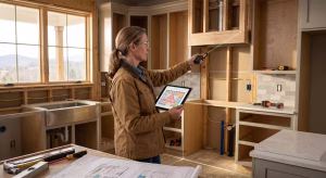 A woman looking at a kitchen work triangle.
