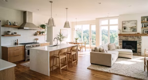 A white open concept kitchen.
