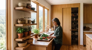 A woman working in a kitchen with open shelving and a hidden pantry.