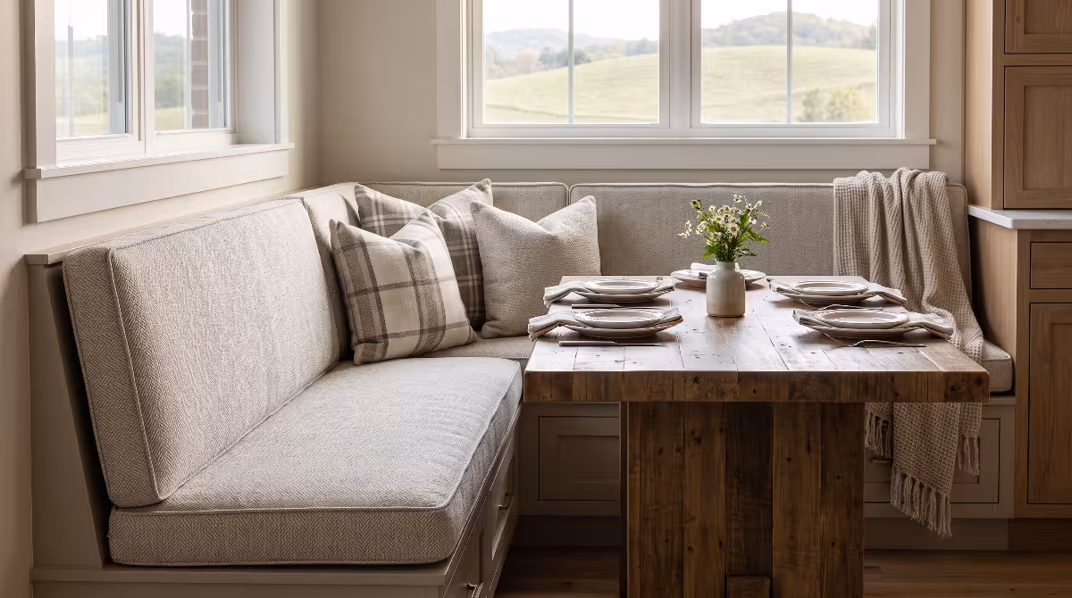 Banquette cushions with performance fabric.