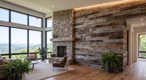 A room with a wall of reclaimed barn wood.